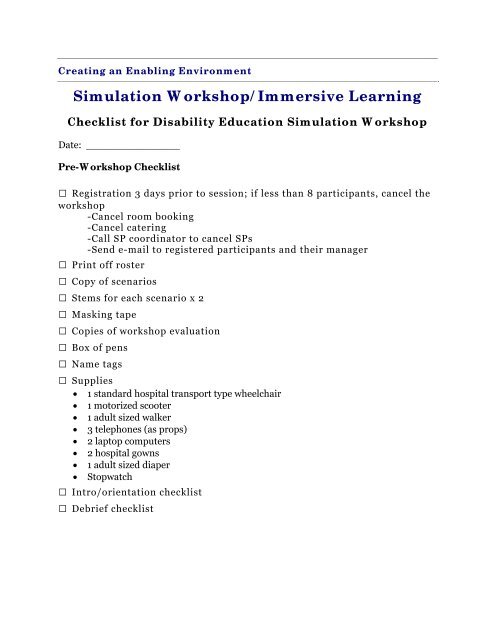 Checklist for Disability Education Simulation Workshop