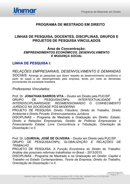 Linhas de Pesquisa e Docentes Vinculados - Unimar