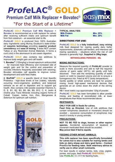 ProfeLAC Â® GOLD Premium Calf Milk Replacer + Bovatec - Agsure