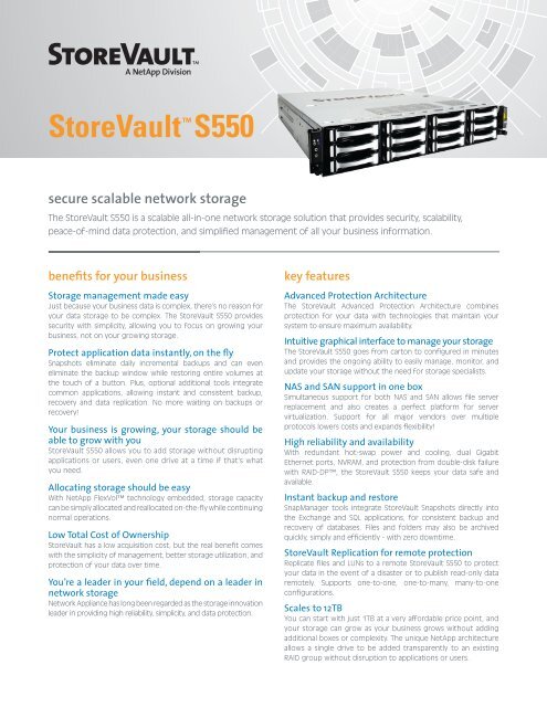 NetApp StoreVault S550 Datasheet - SANDirect.com