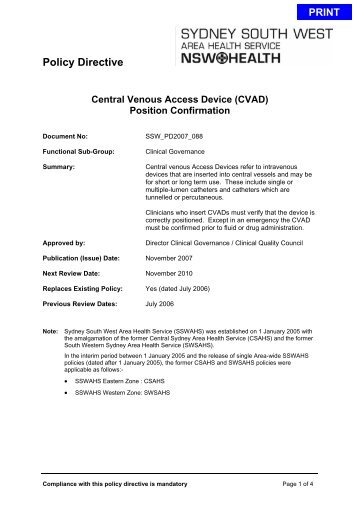 Central Venous Access Device (CVAD) - Sydney South West Area ...