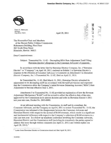 HECO's Response to Consumer Advocate's Comments, 4/29/11