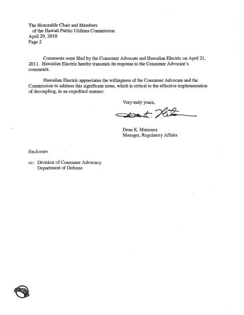 HECO's Response to Consumer Advocate's Comments, 4/29/11