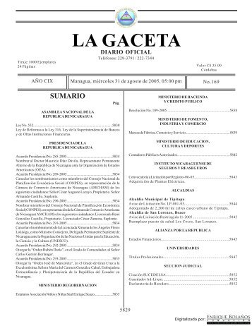 Gaceta - Diario Oficial de Nicaragua - # 169 de 31 Agosto 2005