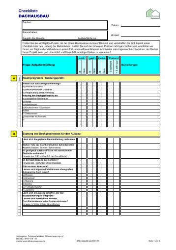 Checkliste DACHAUSBAU - Baunetzwissen