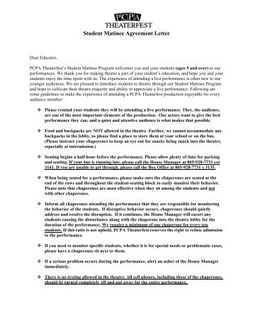 Student Matinee Agreement Letter - PCPA Theaterfest