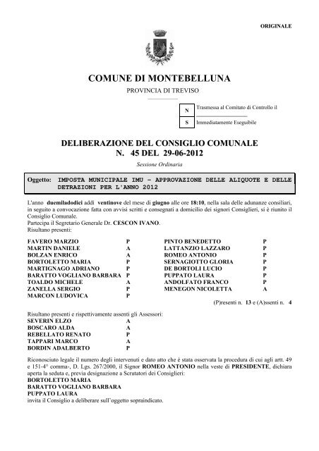 deliberazione del consiglio comunale n. 45 del 29-06-2012