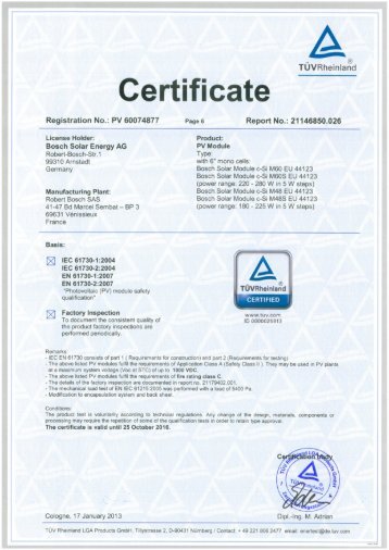 Certificate IEC-EN 61730: PV-module safety qualification