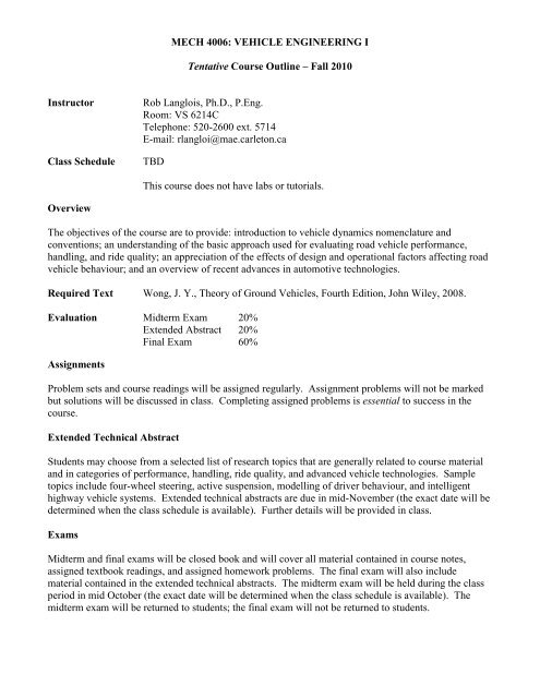 MECH 4006: VEHICLE ENGINEERING I Tentative Course Outline ...