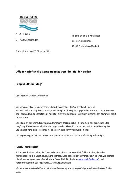 Offener Brief an Gemeinderat Rheinfelden/Baden - IG PRO STEG