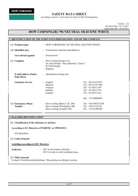 SAFETY DATA SHEET DOW CORNING(R) 796 NEUTRAL ... - Geocel