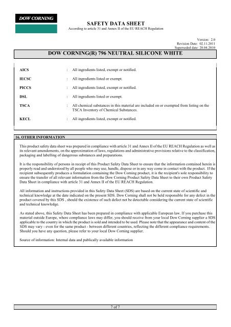 SAFETY DATA SHEET DOW CORNING(R) 796 NEUTRAL ... - Geocel