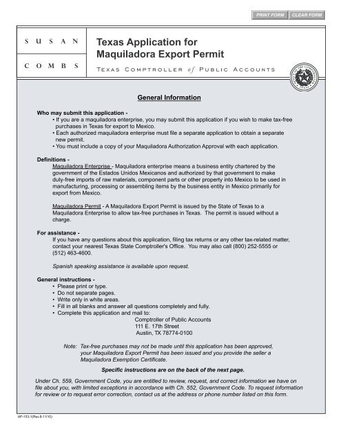 AP-153 Texas Application for Maquiladora Export Permit