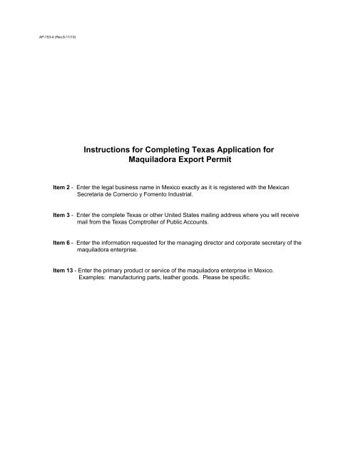AP-153 Texas Application for Maquiladora Export Permit