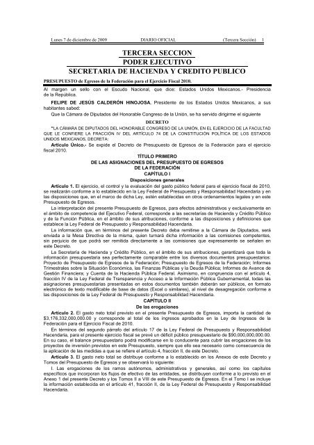 Presupuesto de Egresos de la Federación para el Ejercicio Fiscal ...