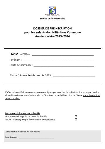 DOSSIER DE PRÃINSCRIPTION pour les enfants ... - Mairie de Balma