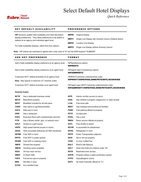 (EN) Select Default Hotel Displays - Sabre Holdings