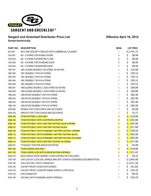 Sargent and Greenleaf Distributor Price List Effective April 18, 2012