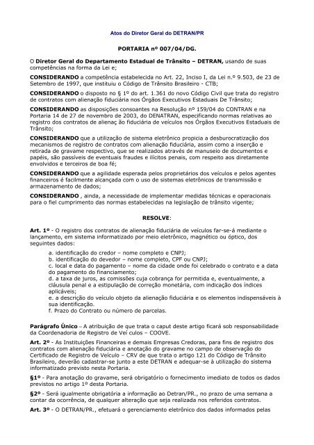 Procedimentos para Registro de Contratos de AlienaÃ§Ã£o ... - Detran