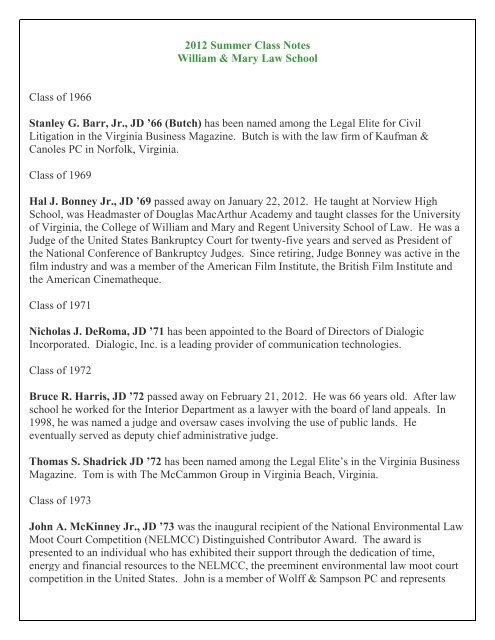 2012 Summer Class Notes William & Mary Law School Class of ...