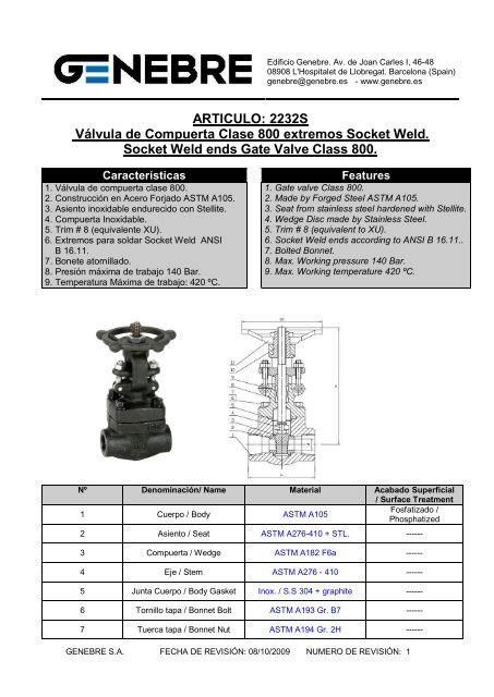 2232S Válvula de Compuerta Clase 800 extremos Socket ... - TDM