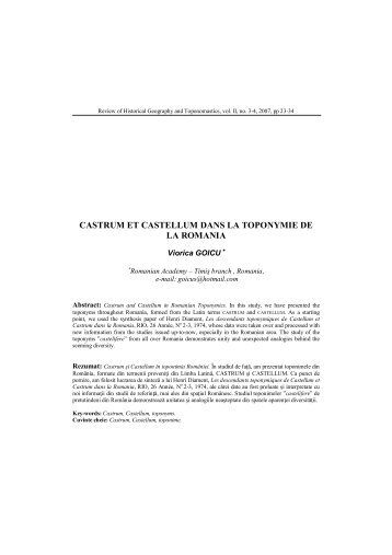 CASTRUM ET CASTELLUM DANS LA TOPONYMIE DE LA ROMANIA