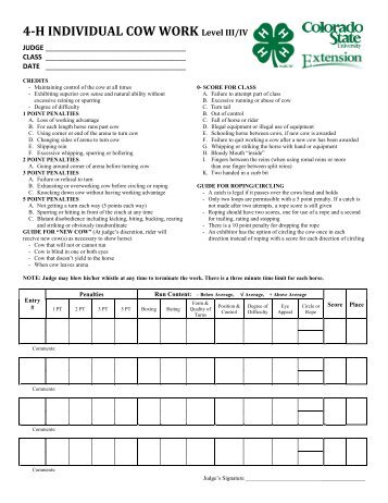 Ranch Individual Cow Work Level II Score Card - Colorado 4-H