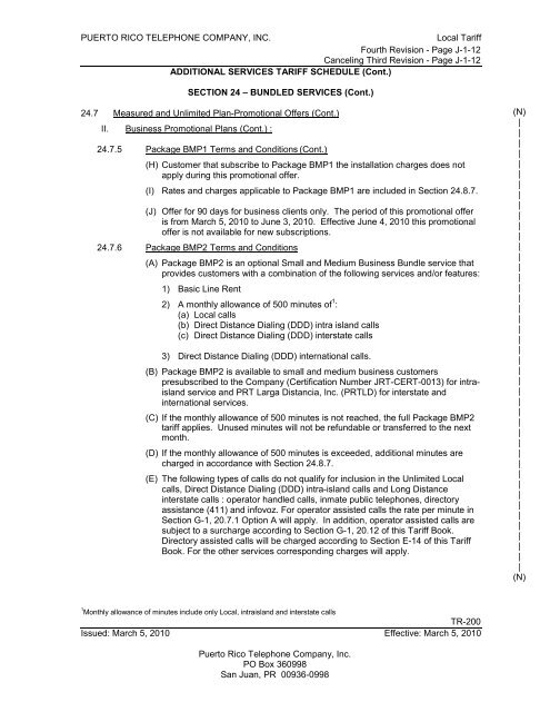 PUERTO RICO TELEPHONE COMPANY, INC. Local Tariff ... - Claro