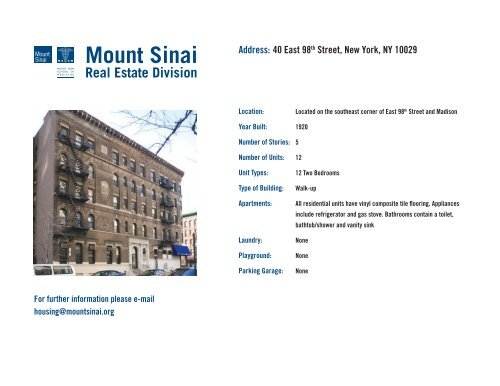 40 East 98th Street, New York, NY 10029 - Mount Sinai Hospital