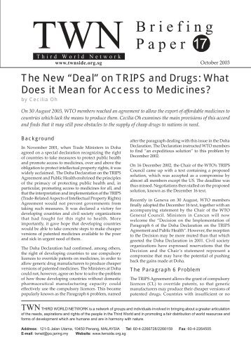 The New âDealâ on TRIPS and Drugs - Third World Network