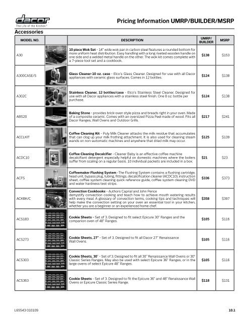 Pricing Information UMRP/BUILDER/MSRP - Dacor