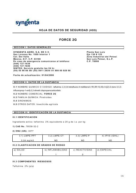 MSDS FORCE 2G - Syngenta