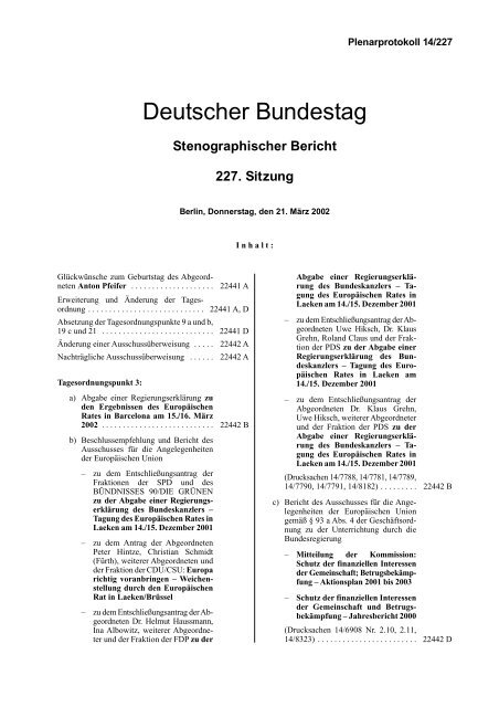 Stenographischer Bericht 227. Sitzung - Deutscher Bundestag