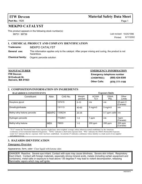 MEKPO CATALYST ITW Devcon Material Safety Data Sheet