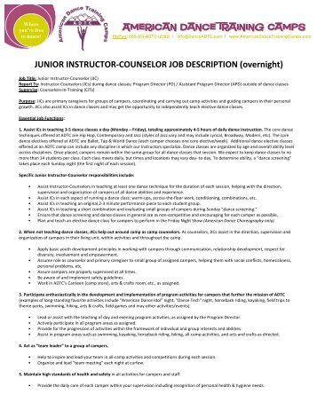 Junior Instructor Counselor Job Description - American Dance ...