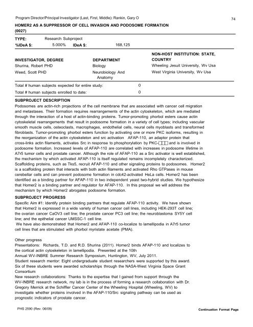 FA 5 Progress Report WV-INBRE - Joan C. Edwards School of ...