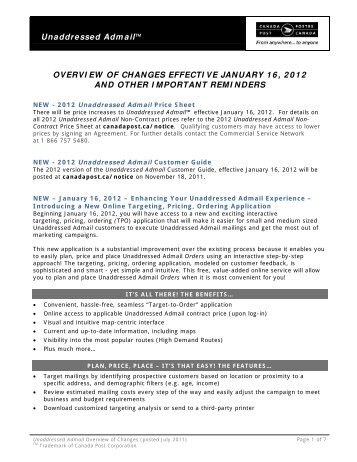 Unaddressed Admail™ OVERVIEW OF CHANGES ... - Canada Post