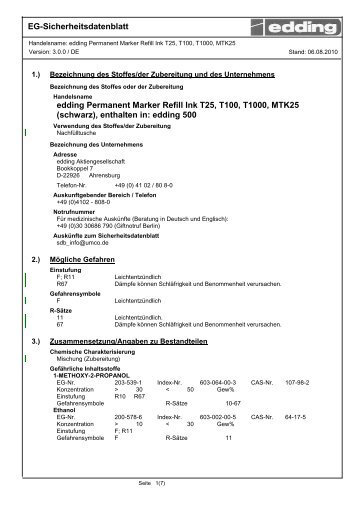 EG-Sicherheitsdatenblatt edding Permanent Marker Refill Ink T25 ...