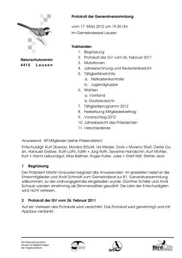 Protokoll GV 2012 - Naturschutzverein Lausen