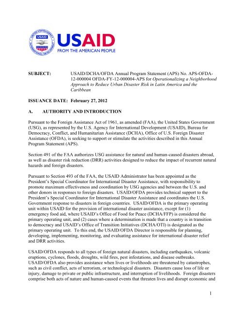 USAID/DCHA/OFDA Annual Program Statement (APS) - Grants.gov