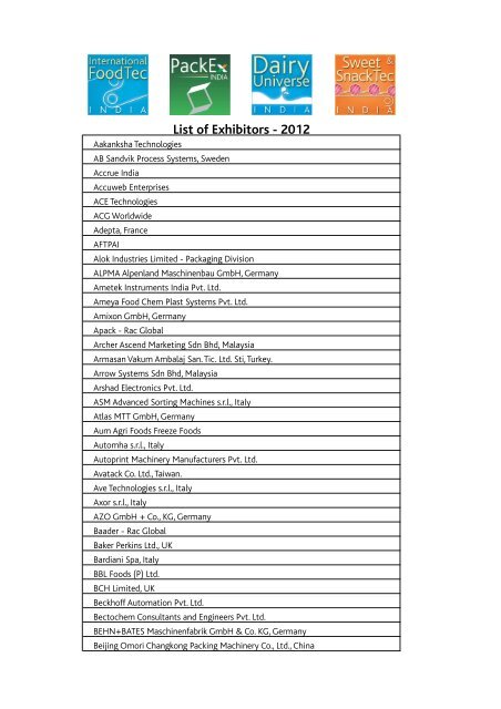 List of Exhibitors - International FoodTec India 2012