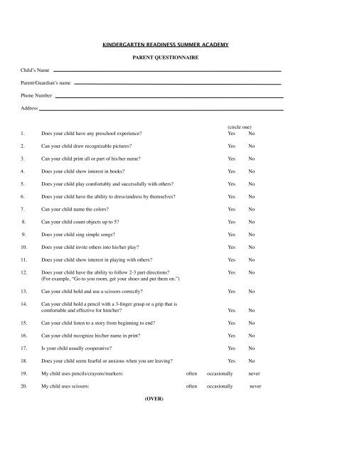 Kindergarten Readiness parent questionnaire