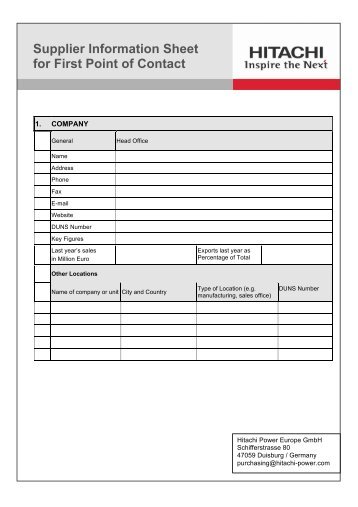 Supplier Information Sheet for First Point of Contact - Hitachi Power ...