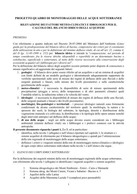 progetto quadro di monitoraggio delle acque ... - Regione Lazio