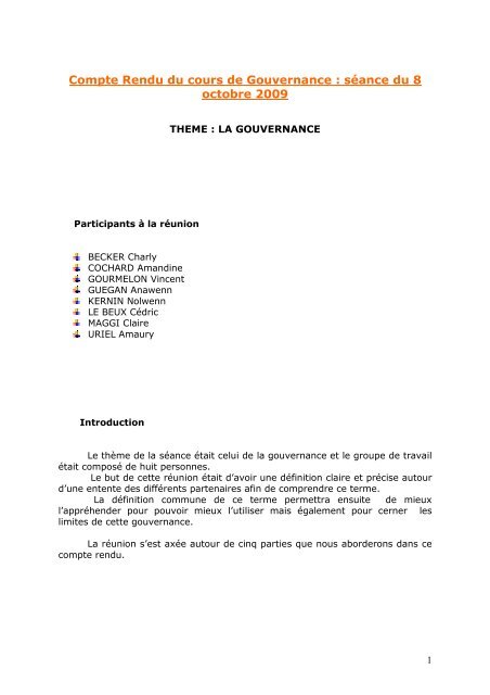 Compte Rendu du cours de Gouvernance : sÃ©ance ... - L'association
