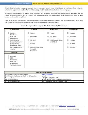 UCI International Center Social Security Number [SSN] Information