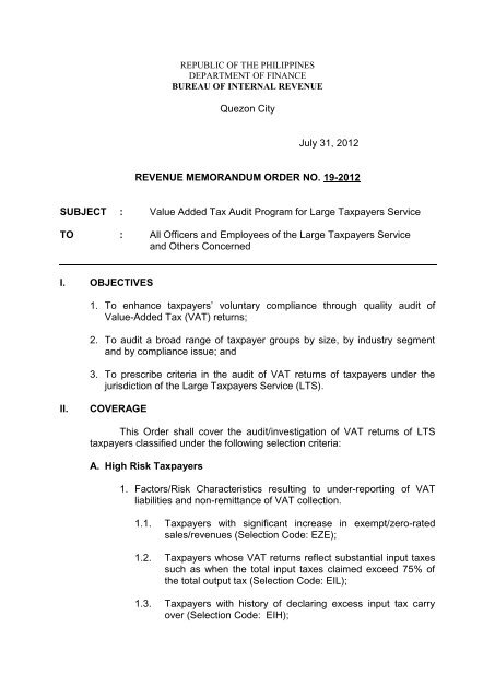 revenue memorandum order no. 19-2012