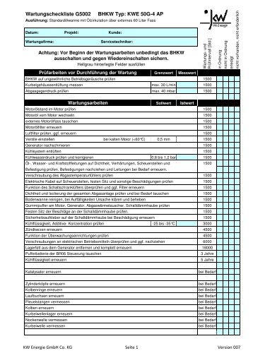 Wartungscheckliste G5002 BHKW Typ: KWE 50G-4 AP - KW Energie