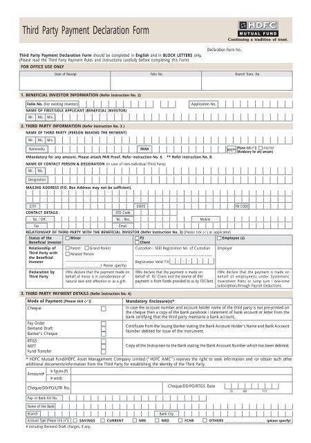 Third Party Payment Declaration Form - HDFC Mutual Fund