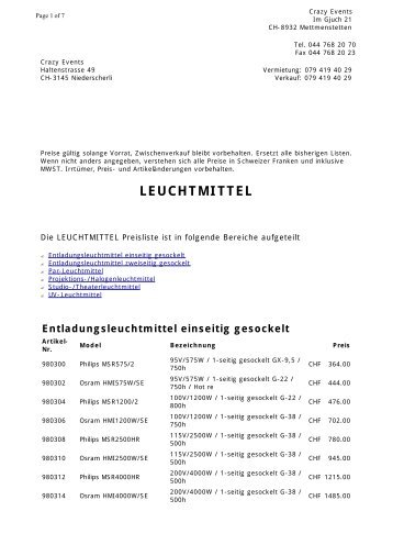 LEUCHTMITTEL Preisliste * Crazy Events Veranstaltungstechnik ...